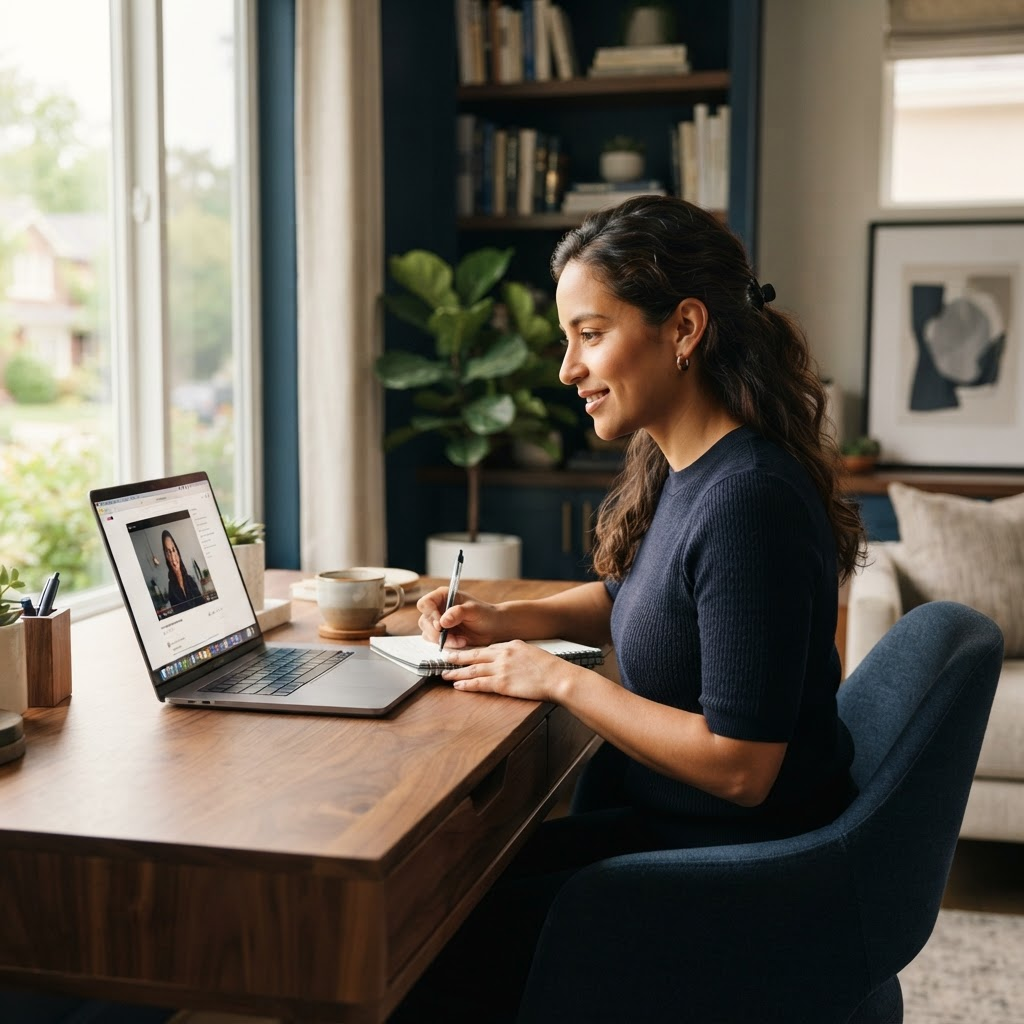 Profesionista mexicana estudiando en línea desde su laptop